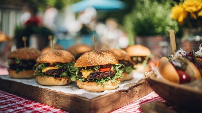 Delicious grilled cheeseburgers with fresh lettuce and tomatoes on rustic table outdoors.