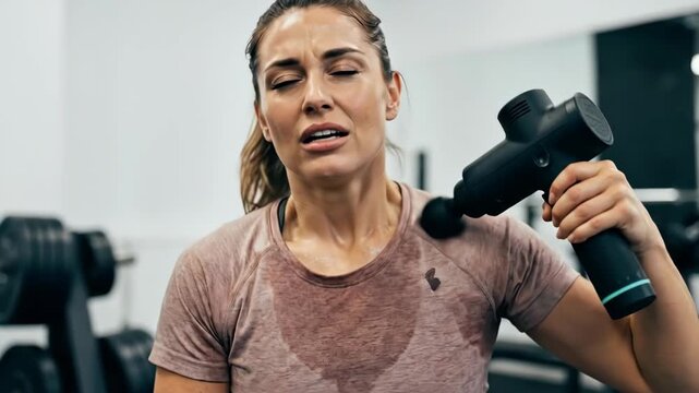Woman Exercising Using Massage Gun Experiencing Muscle Soreness In Gym