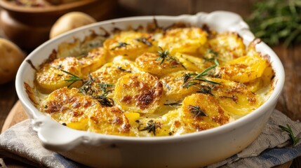 Golden brown scalloped potatoes with cheese and fresh rosemary garnish in white casserole dish.