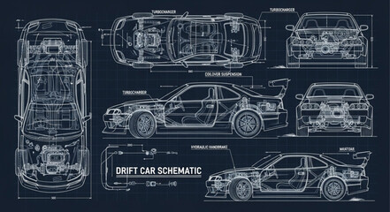 Detailed Drift Car Blueprint Diagram. © Ena