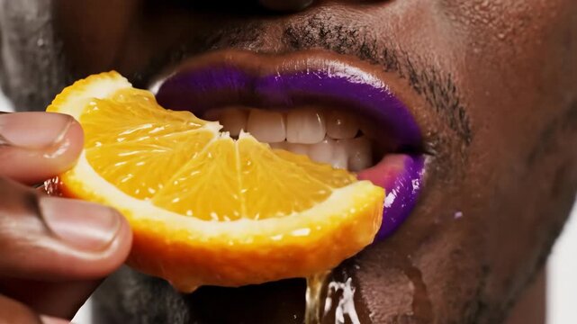 Closeup Person with purple lips biting into a juicy orange slice Liquid drips down