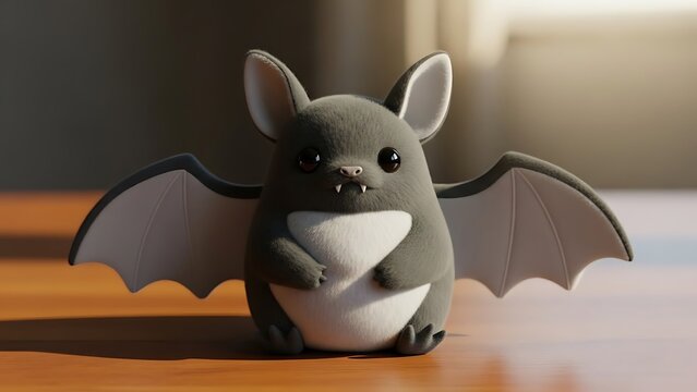 Cute gray bat figurine with wings spread on a wooden surface