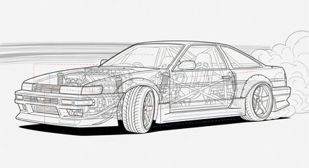 Detailed sketch of a classic sports car exterior.