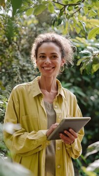 Smiling young woman volunteer using a digital tablet outdoors, happy girl working on a community service project, technology in non-profit charity and social activism concept, vertical.