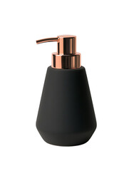 Obraz premium Modern matte black soap dispenser with elegant rose gold pump for bathroom or kitchen sink accessory for liquid hand wash isolated on transparent background
