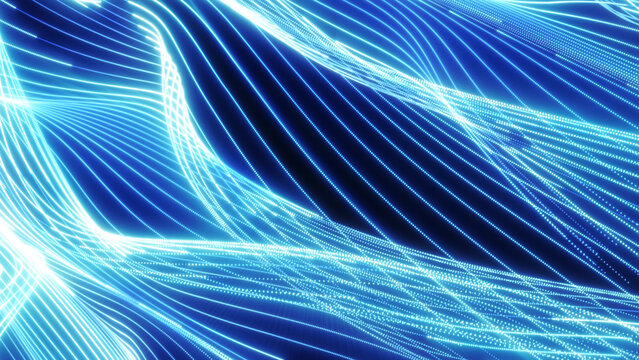 Abstract blue digital energy streams forming smooth light waves and glowing lines, representing data flow, technology, and futuristic motion