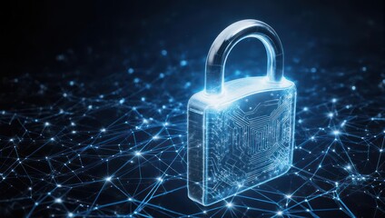A 3D rendered padlock, glowing blue, sits atop a network of connected lines and points