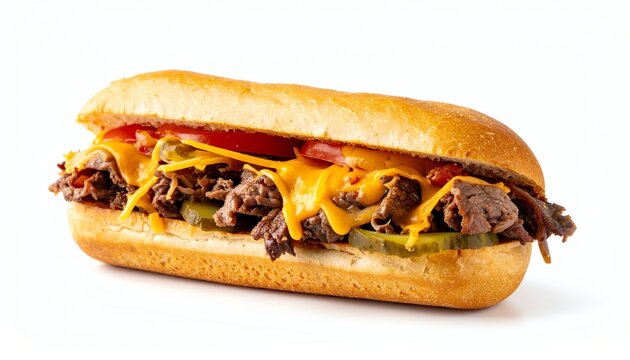 Juicy beef cheddar sub sandwich with pickles, tomato and melted cheese, perfect for lunch, fast food menus, or comfort food promotions.