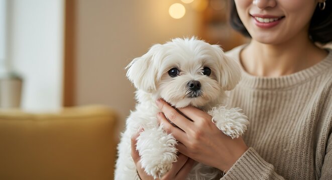 幸せな笑顔の女性と愛犬マルチーズ