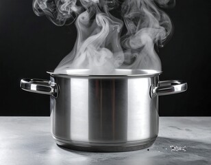 Stainless steel pot releasing steam against a dark background