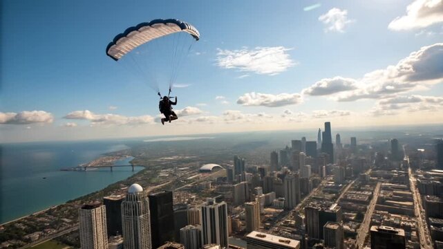 パラグライダーで都市上空を飛行するイメージ