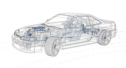 Detailed technical drawing of a modern sports car.