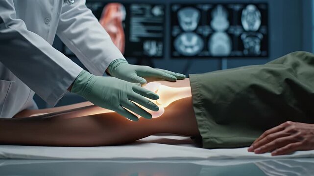 Doctor Palpating Patient's Knee with Knee Joint Highlight Animation on Background with X-Ray Medical Exam Imagery