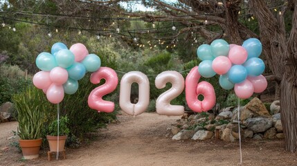 Colorful Balloon Decorations Celebrating New Year 2026 Outdoors