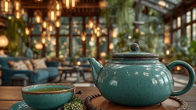 Teal tea set on wooden table.