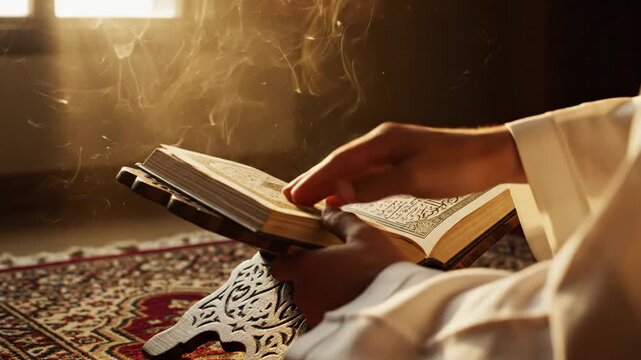 Golden light illuminates the hands of a Muslim person turning a page in the Holy Quran, resting on a traditional wooden Rehal book stand.