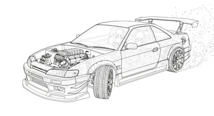 Detailed sketch of a sports car with engine exposed.