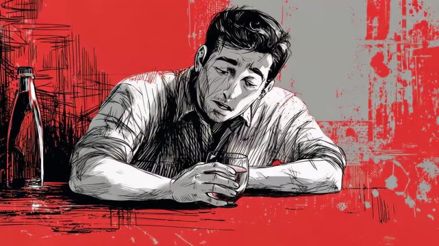 Man sitting alone at a table with a drink in front in a simple setting with red background