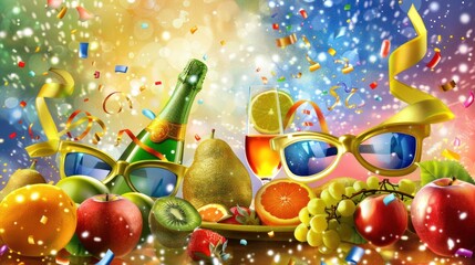 Colorful Celebration with Fruits Champagne Sunglasses and Confetti for Party or Festive Event