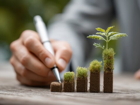 Hand holding a pen writes in the background behind five soil blocks with growing moss and a small plant, symbolizing growth and progress.