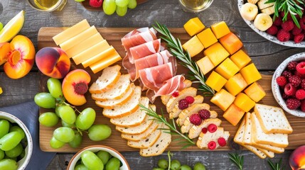 Colorful Cheese and Fruit Platter with Grapes and Berries on Wooden Table