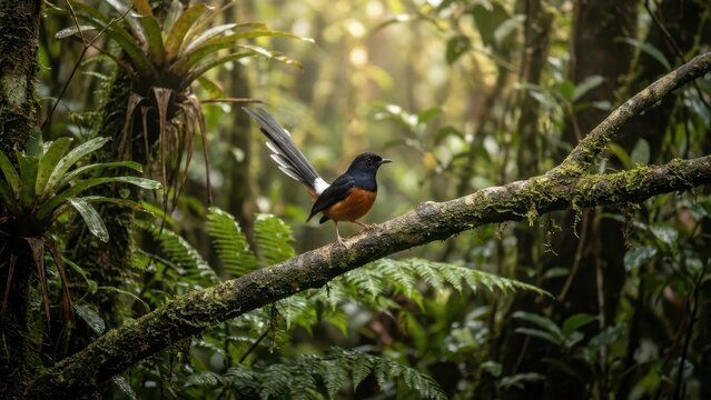 Vibrant Murai Batu Bird Perched on a Mossy Branch in a Lush Tropical Forest Setting