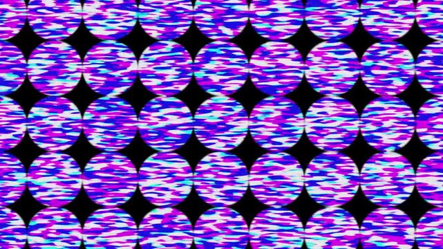 Abstract blue and pink camouflage circles grid, static noise glitch animation loop