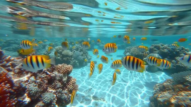 Underwater Scene with School of Fish Swimming.
