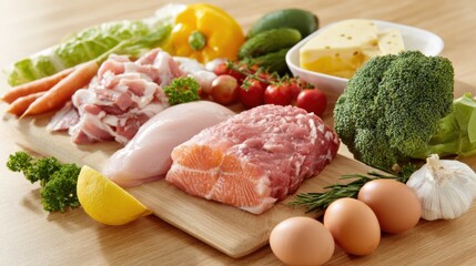 Fresh ingredients assortment with raw meats, vegetables, cheese, and eggs on wooden board.