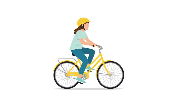 Woman with a helmet riding a bright yellow bicycle on a clean white background representing healthy lifestyle and eco-friendly transport.