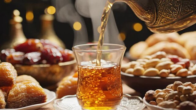 Slow motion close-up of hot Arabian tea being poured from a traditional ornate brass teapot into a decorative glass cup, surrounded by Oriental sweets, dates, and nuts.