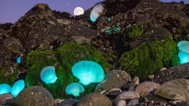 Luminous glowing seashells illuminate the y shoreline under the night sky with a full moon.