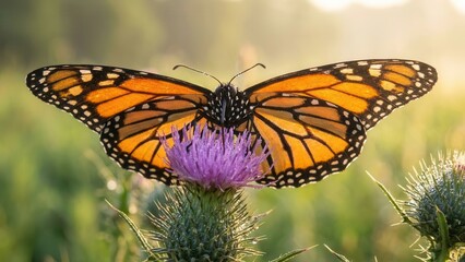 Obraz premium Vibrant Monarch Butterfly Resting on a Thistle Flower in Natural Sunlight