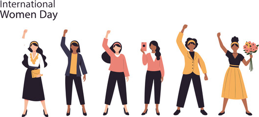 Fototapeta premium International Women's Day: A vibrant illustration showcasing the strength, unity, and empowerment of women on International Women's Day. Featuring diverse women raising their hands in solidarity.