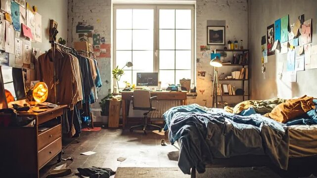 Messy bedroom interior with clothes, desk, bed, and window, creating a cluttered background.