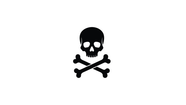 Classic skull and crossbones pirate symbol in solid black silhouette on a white background representing danger poison and warning signs.