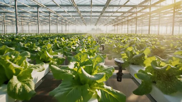 Rows of Fresh Lettuce Growing in a Modern Hydroponic Greenhouse Under Sunlight