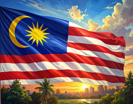 Malaysia national flag Jalur Gemilang at sunset