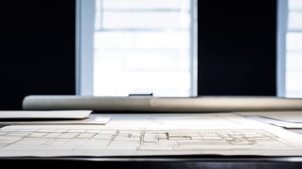 Obraz premium Architectural floor plan drawing on drafting table with minimalist design. Blueprint sketch of house project in professional workspace for construction concept.