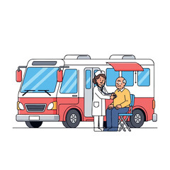 Illustration of a smiling nurse assisting an elderly man sitting in a chair beside a red and white medical vehicle with a canopy.