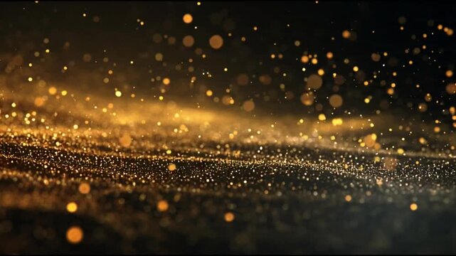 Golden Glittering Particles Flowing Abstract Background with Light Effect