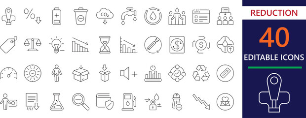 editable line icons for reduction, statistics, management, cost, discount, symbols, risk, sustainability, and environmental.