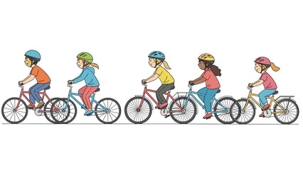 Obraz premium Group of diverse children riding colorful bicycles in a row wearing safety helmets for outdoor activity, exercise, and healthy childhood fun.