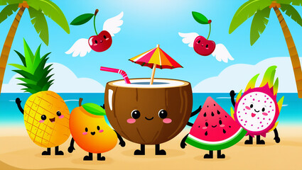 Fototapeta premium Cute Kawaii Summer Fruits Characters on Beach Background 