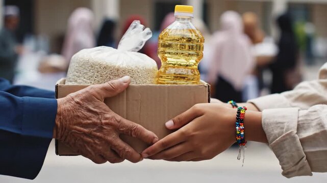 Elderly Volunteer Hands Humanitarian Aid Box with Rice and Oil to Young Person During Community Food Distribution, Symbolizing Charity and Support