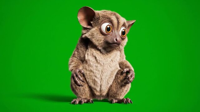 A cartoon monkey stands on its hind legs on a green screen, looking surprised and holding a hand up.