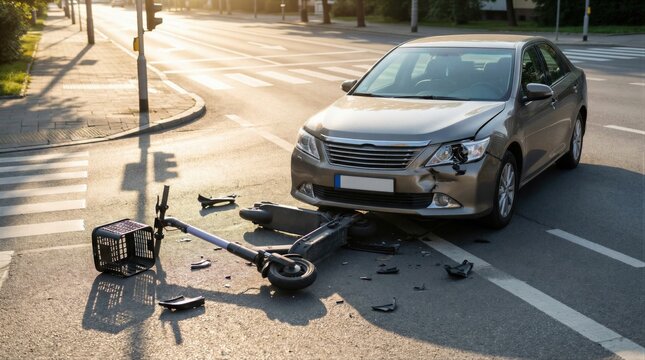 Car crashed into an electric scooter lying damaged on asphalt road at a pedestrian crossing. Road collision accident concept.