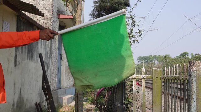 Green Railway Signal Flag Clearance Safety Train Driver Hand Signal