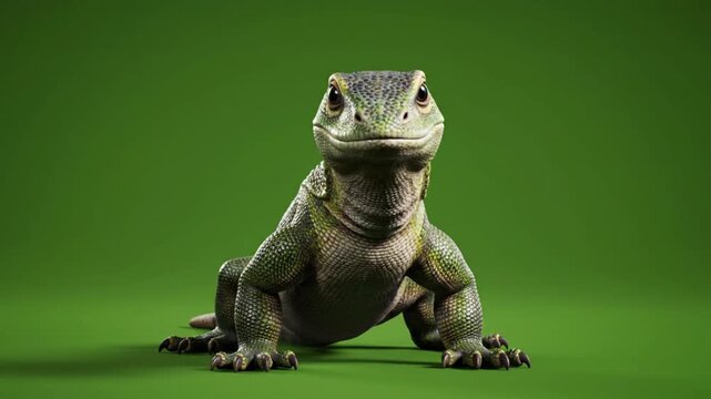 Muscular green iguana on a green screen, sitting and facing the camera directly with a strong gaze
