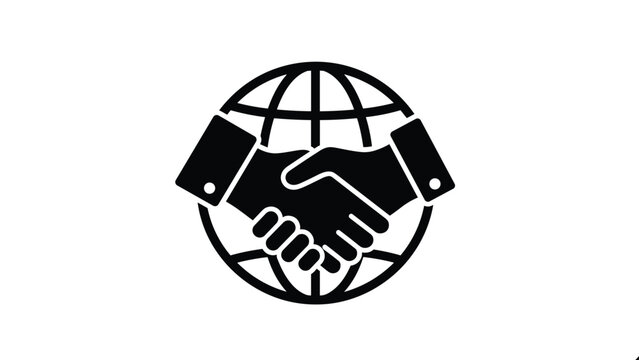 Black silhouette of two hands shaking in front of a wireframe globe icon representing global business partnership, agreement, and cooperation.